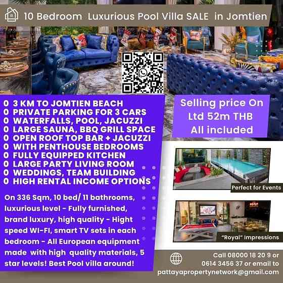 10 Bedroom Luxury Pool Villa for Sale in Jomtien Pattaya